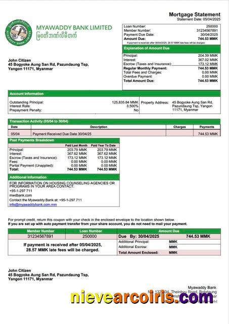 Myanmar Myawaddy Bank mortgage statement Word and PDF template